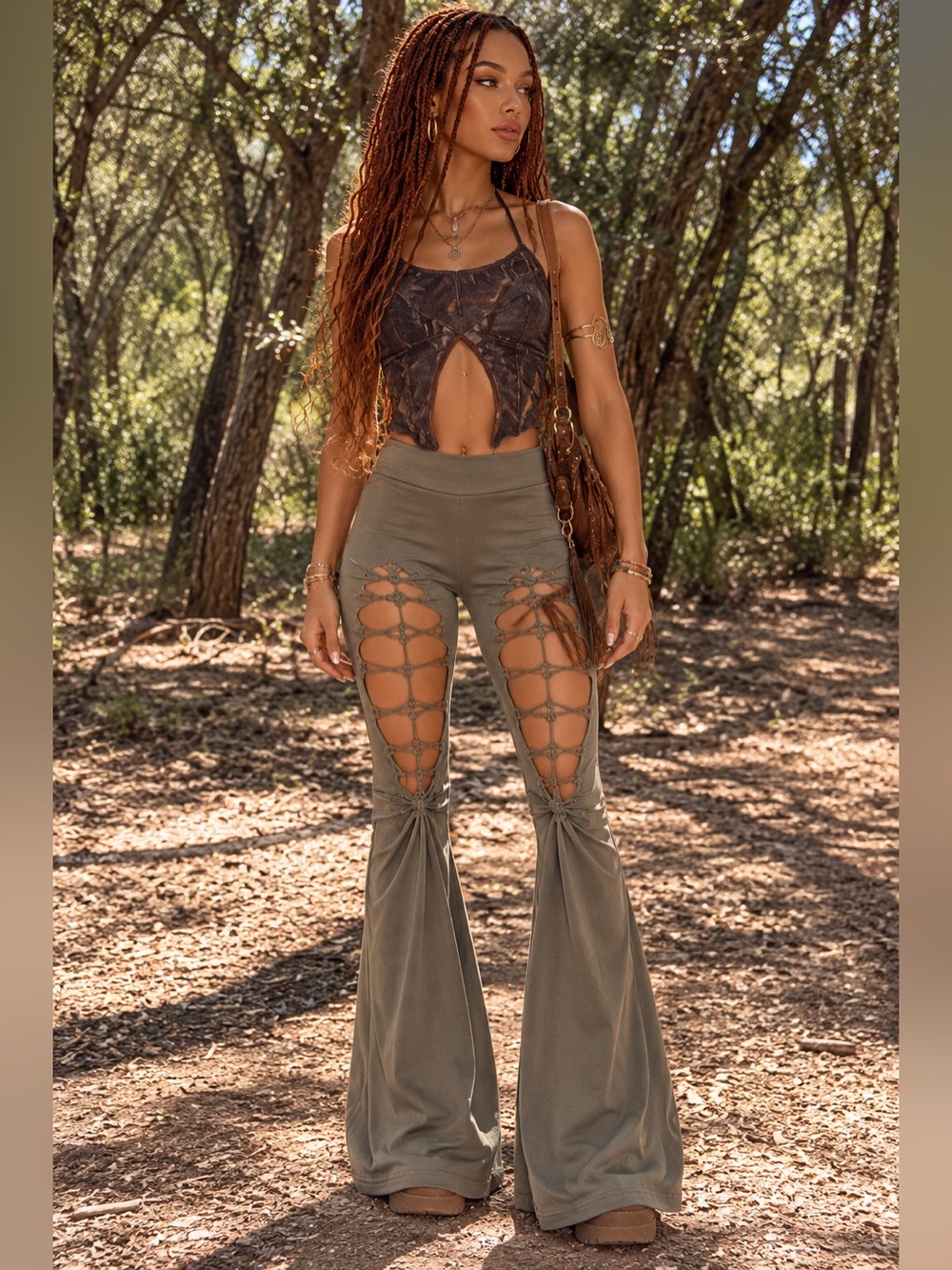 Lace-Up Olive cut out Flare Pants - Boho Women Pants & Jumpsuits handmade (new)
